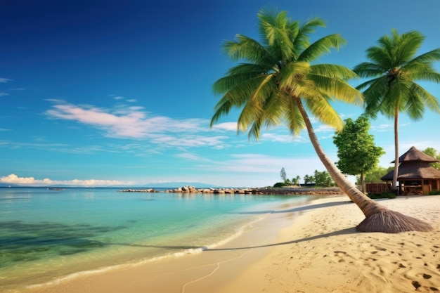 Ein Strand mit Palmen und dem Ozean im Hintergrund.