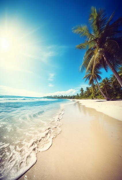 Ein Strand mit Palmen und die Sonne scheint darauf