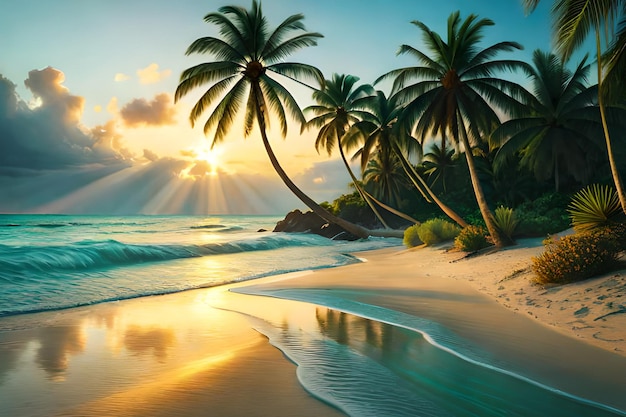 Ein Strand mit Palmen und die Sonne scheint durch die Wolken