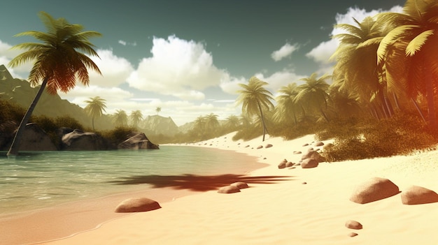 Foto ein strand mit palmen und einem bewölkten himmel