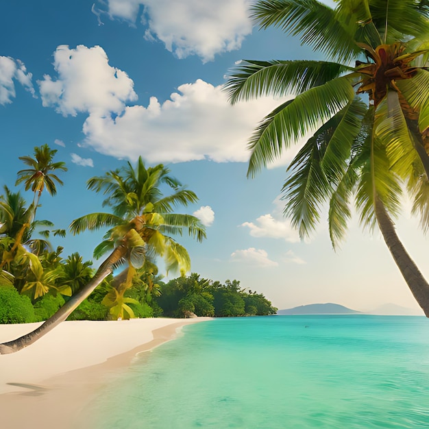 ein Strand mit Palmen und einem blauen Himmel mit Wolken im Hintergrund