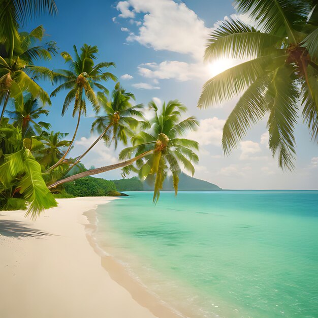 ein Strand mit Palmen und einem blauen Himmel mit Wolken im Hintergrund