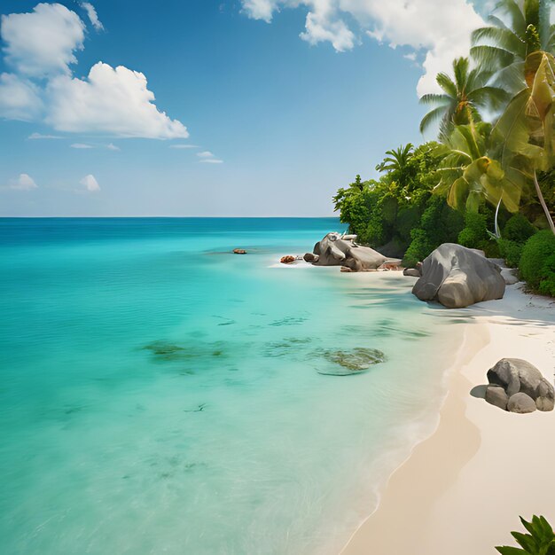 Foto ein strand mit palmen und einem blauen himmel mit wolken im hintergrund