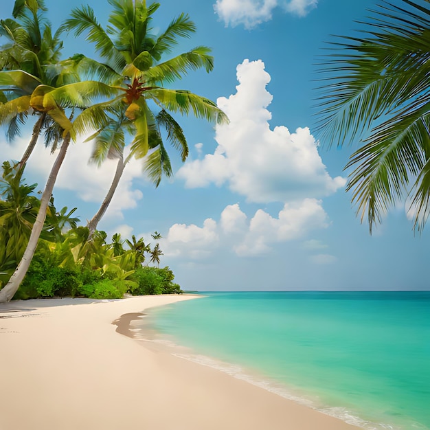 ein Strand mit Palmen und einem blauen Himmel mit Wolken