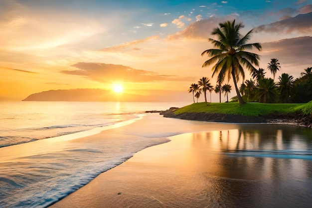 Ein Strand mit Palmen und einem Sonnenuntergang im Hintergrund