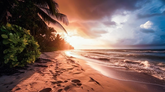 Ein Strand mit Palmen und einem Sonnenuntergang