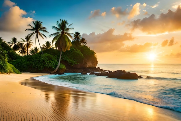 Ein Strand mit Palmen und einem Sonnenuntergang