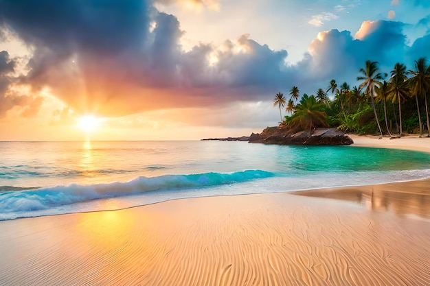 Ein Strand mit Palmen und einem Sonnenuntergang