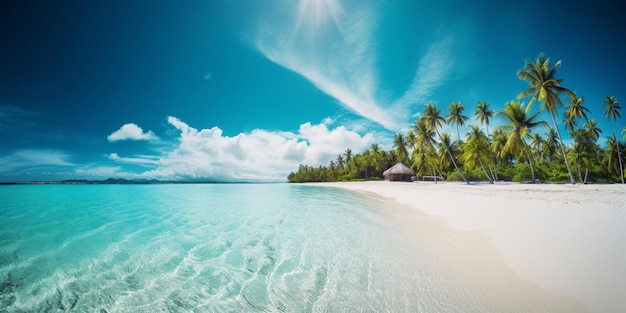 Ein Strand mit Palmen und einem strahlend blauen Himmel