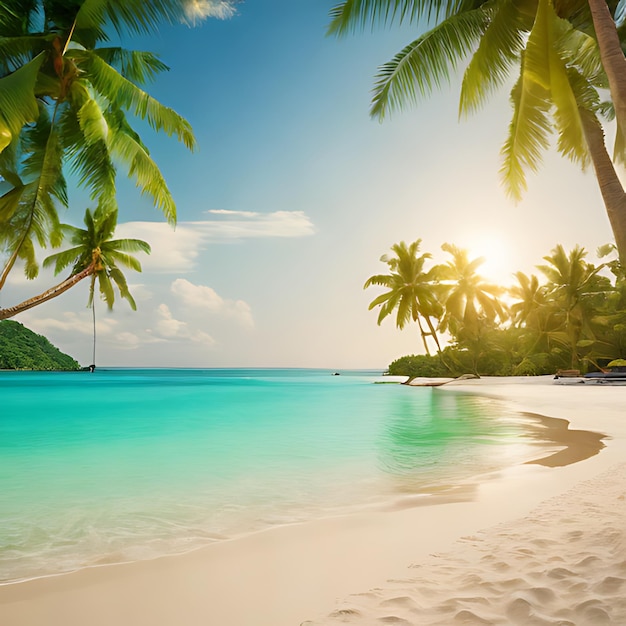 ein Strand mit Palmen und einem Strand im Hintergrund