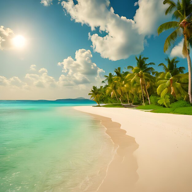 Foto ein strand mit palmen und einer sonne am himmel