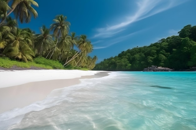 Ein Strand mit Palmen und klarem, blauen Wasser