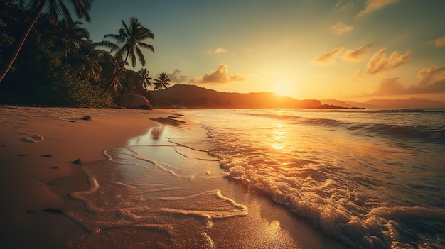 Ein Strand mit Palmen und Sonnenuntergang