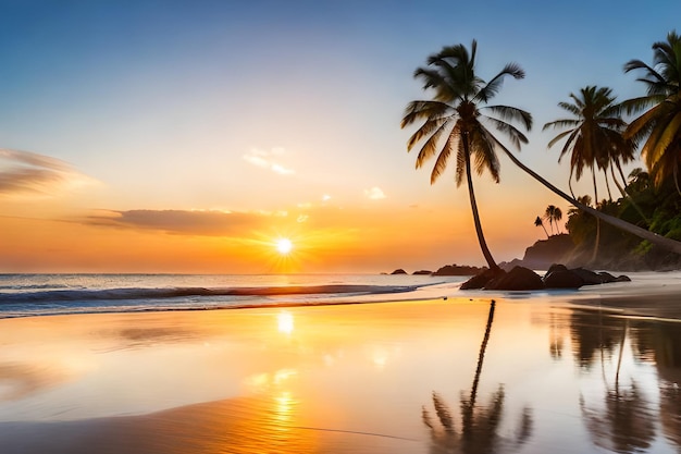 Ein Strand mit Palmen und Sonnenuntergang