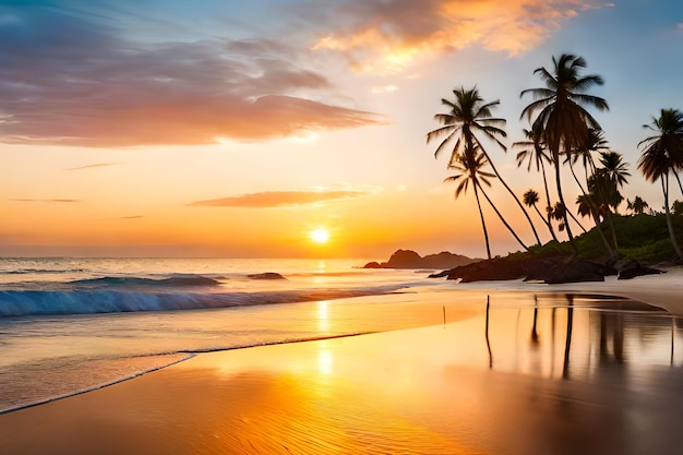 Ein Strand mit Palmen und Sonnenuntergang