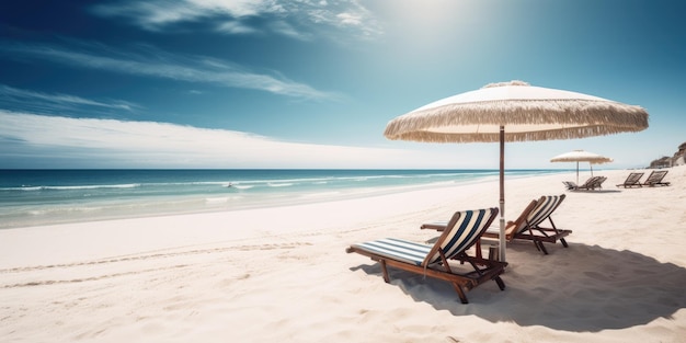 Ein Strand mit Sonnenschirm und Liegestühlen