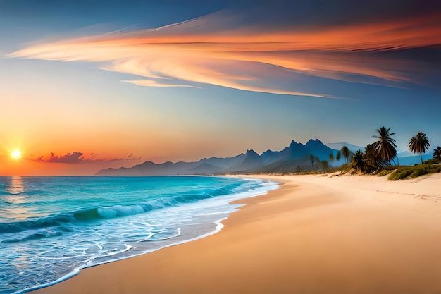 Ein Strand mit Sonnenuntergang und Bergen im Hintergrund