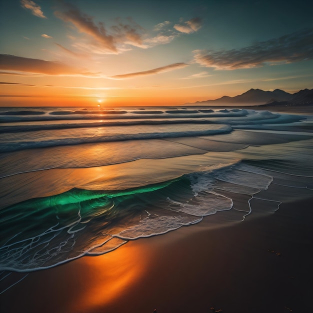 Ein Strand mit Sonnenuntergang und dem Ozean im Hintergrund