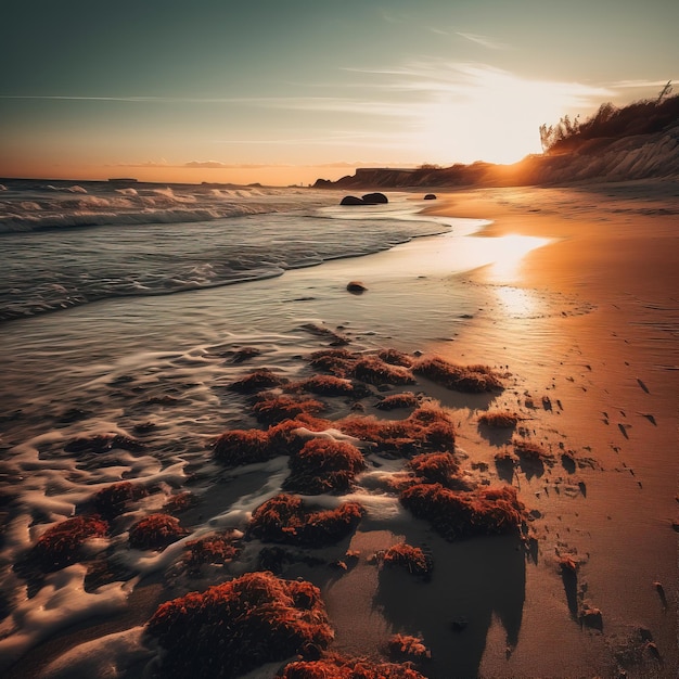 Ein Strand mit Sonnenuntergang und einem Surfbrett darauf