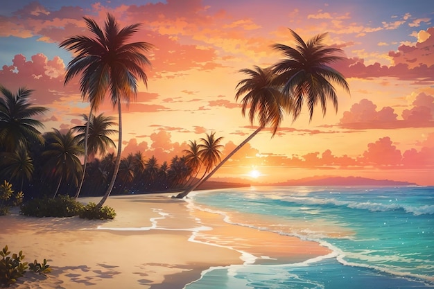 Ein Strand mit Sonnenuntergang und Palmen