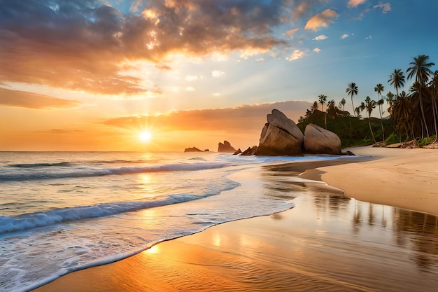 Ein Strand mit Sonnenuntergang und Palmen