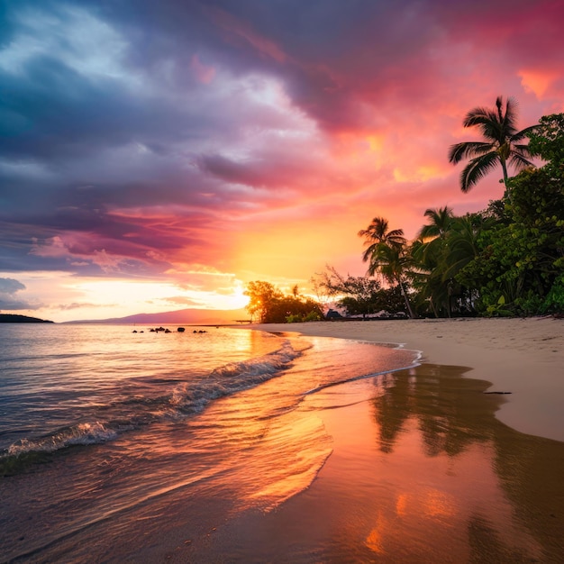 Ein Strand mit Sonnenuntergang und Palmen