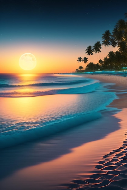Ein Strand mit Sonnenuntergang und Palmen