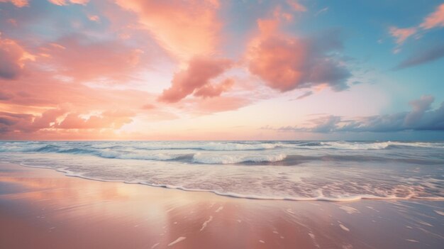 Ein Strand mit Sonnenuntergang und Wellen im Hintergrund ai