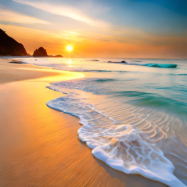 Foto ein strand mit sonnenuntergang und wellen