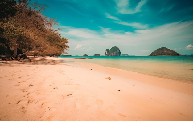 Ein Strand mit Strand und einem blauen Himmel mit Wolken