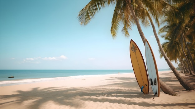 Ein Strand mit Surfbrettern und einer Palme darauf