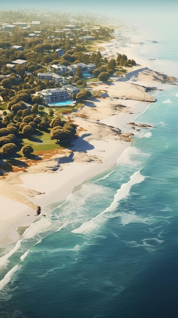 ein Strand mit weißem Sand und einem grünen Haus.