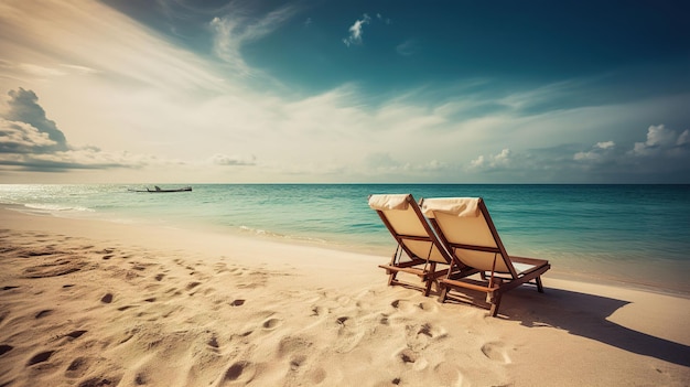 Ein Strand mit zwei Liegestühlen im Sand