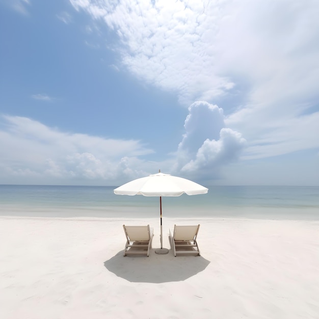 Ein Strand mit zwei Liegestühlen und einem Sonnenschirm