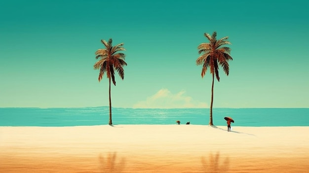 Ein Strand mit zwei Palmen und einer Person, die darauf läuft