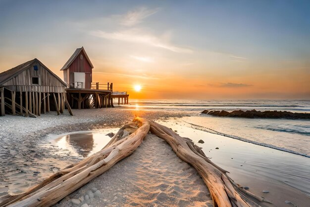 Foto ein strandhaus an einem strand mit einer welle im hintergrund