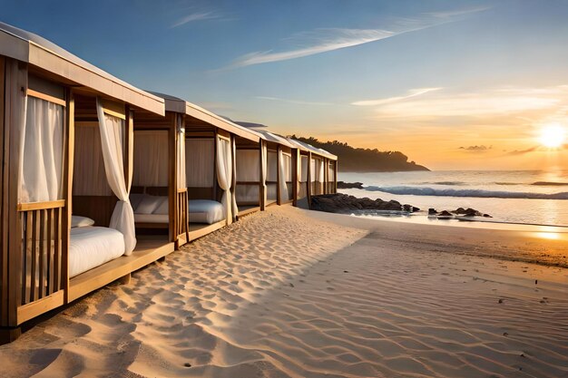 Ein Strandhaus mit Blick auf das Meer und den Sonnenuntergang über dem Meer.