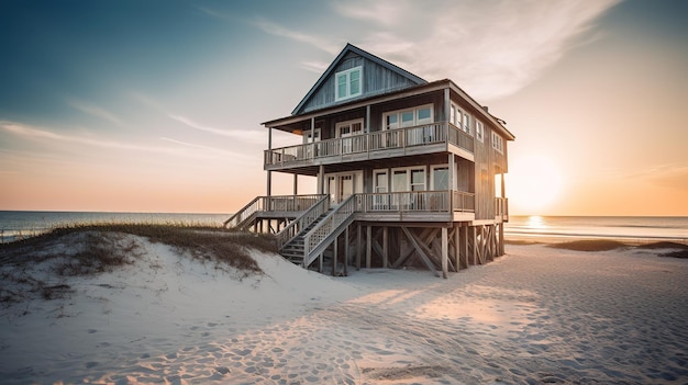 Ein Strandhaus mit einem Strandhaus im Sand