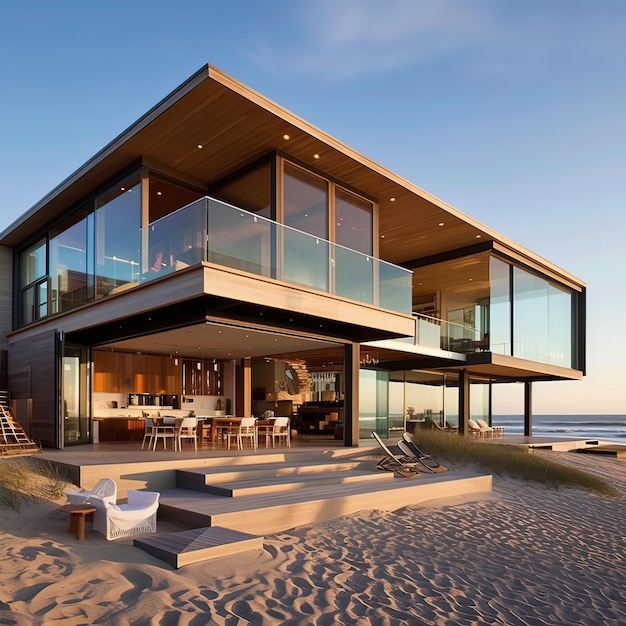 Ein Strandhaus mit einer großen Terrasse und einer großen Glastür.