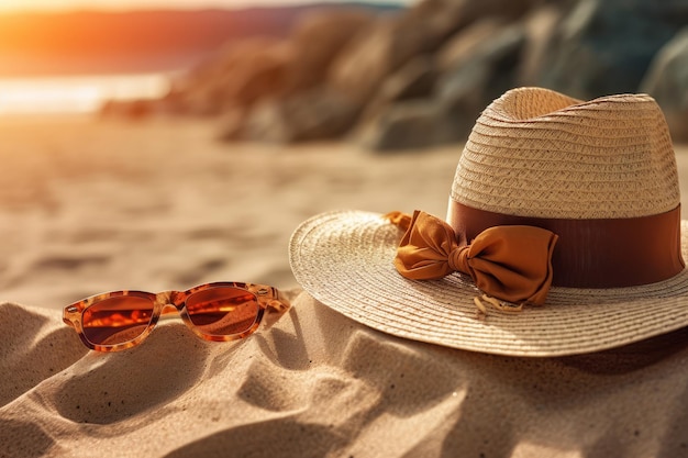 Ein Strandhut und eine Sonnenbrille am Strand