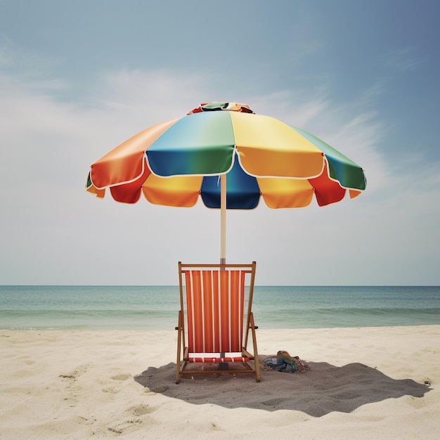 Ein Strandkorb mit einem bunten Sonnenschirm im Sand.