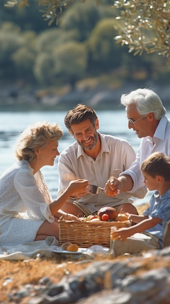 Ein Strandpicknick mit einer Familie aus drei Generationen