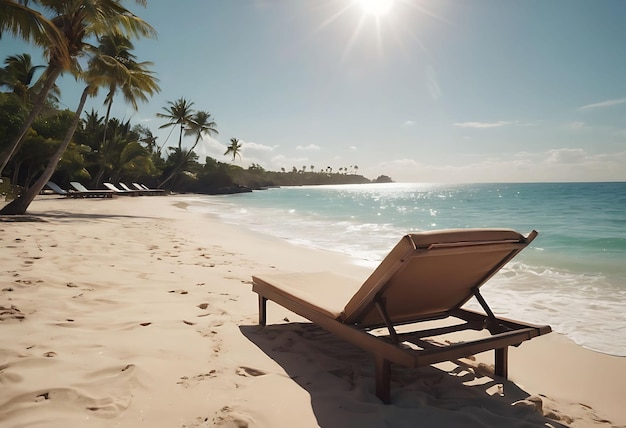 ein Strandstuhl auf dem Sand mit Palmen im Hintergrund