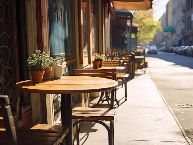 Ein Straßencafé mit Tischen und Stühlen und einem Schild mit der Aufschrift „Café“.