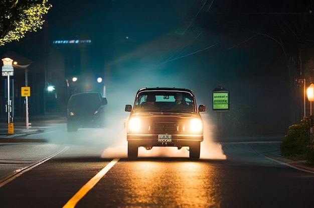 Ein Straßenlicht mit einem Auto, das darauf fährt, und die Lichter auf der Straße sind angezündet