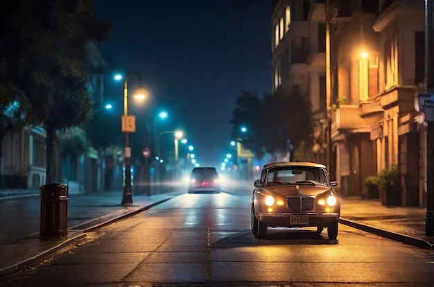 Ein Straßenlicht mit einem Auto, das darauf fährt, und die Lichter auf der Straße sind angezündet