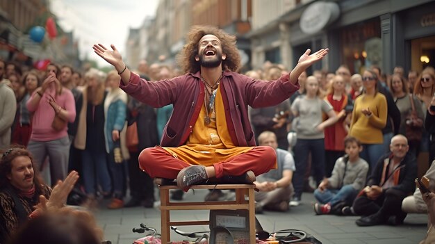 Ein Straßenschauspieler, der ein ahnungsloses Publikum fesselt