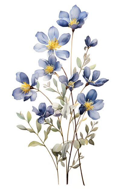 ein Strauß blauer Blumen mit grünen Blättern. Gouache-Gemälde Indigo-Thymian, perfekt für Wandkunst