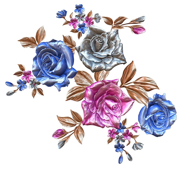 Ein Strauß blauer und rosa Rosen auf weißem Hintergrund.