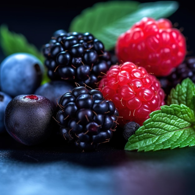 Ein Strauß Brombeeren und Blaubeeren stehen auf einem schwarzen Tisch.